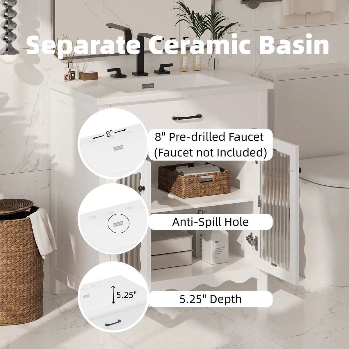 30 Inches Bathroom Vanity with Tempered Glass, Modern Bathroom Cabinet with Rubber Wood legs and Soft close Doors, White