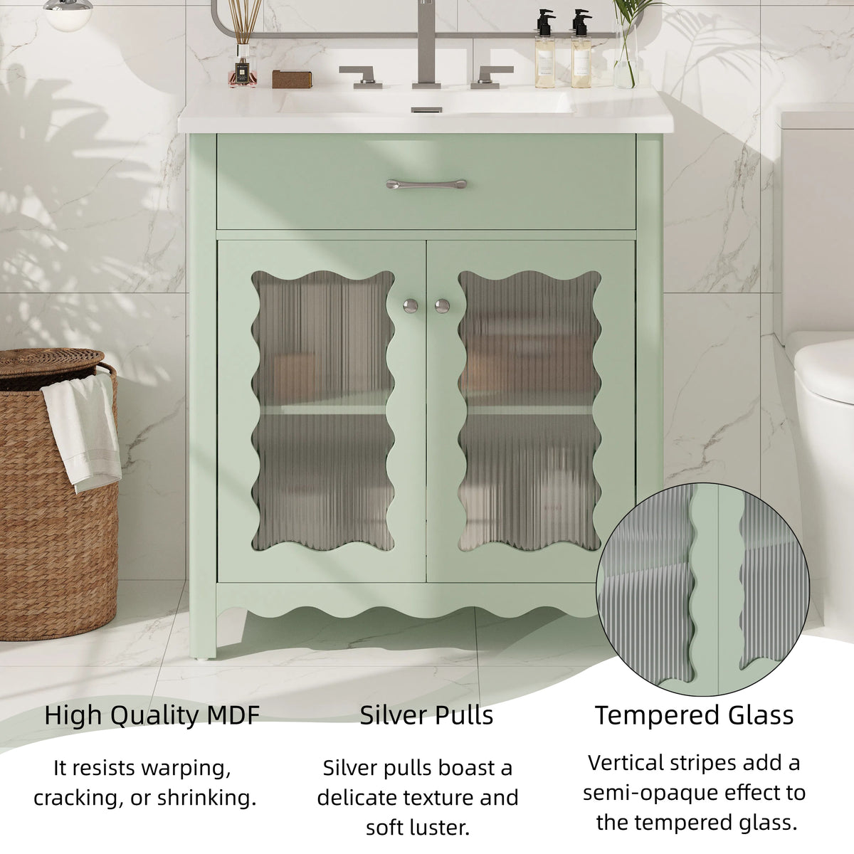 30 Inches Bathroom Vanity with Tempered Glass, Modern Bathroom Cabinet with Rubber Wood legs and Soft close Doors, Green
