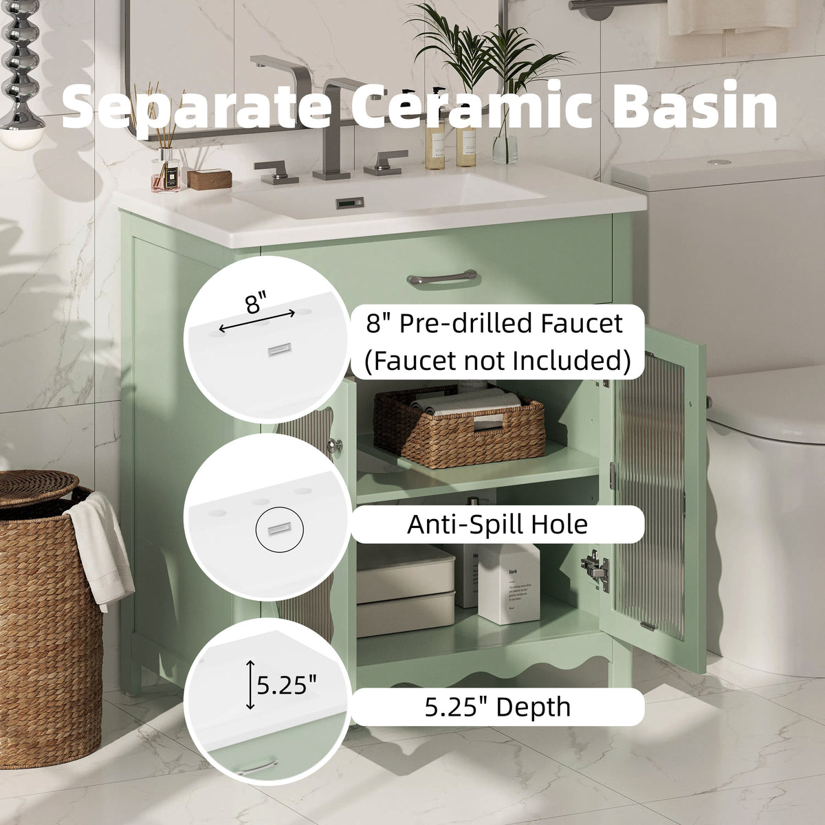 30 Inches Bathroom Vanity with Tempered Glass, Modern Bathroom Cabinet with Rubber Wood legs and Soft close Doors, Green