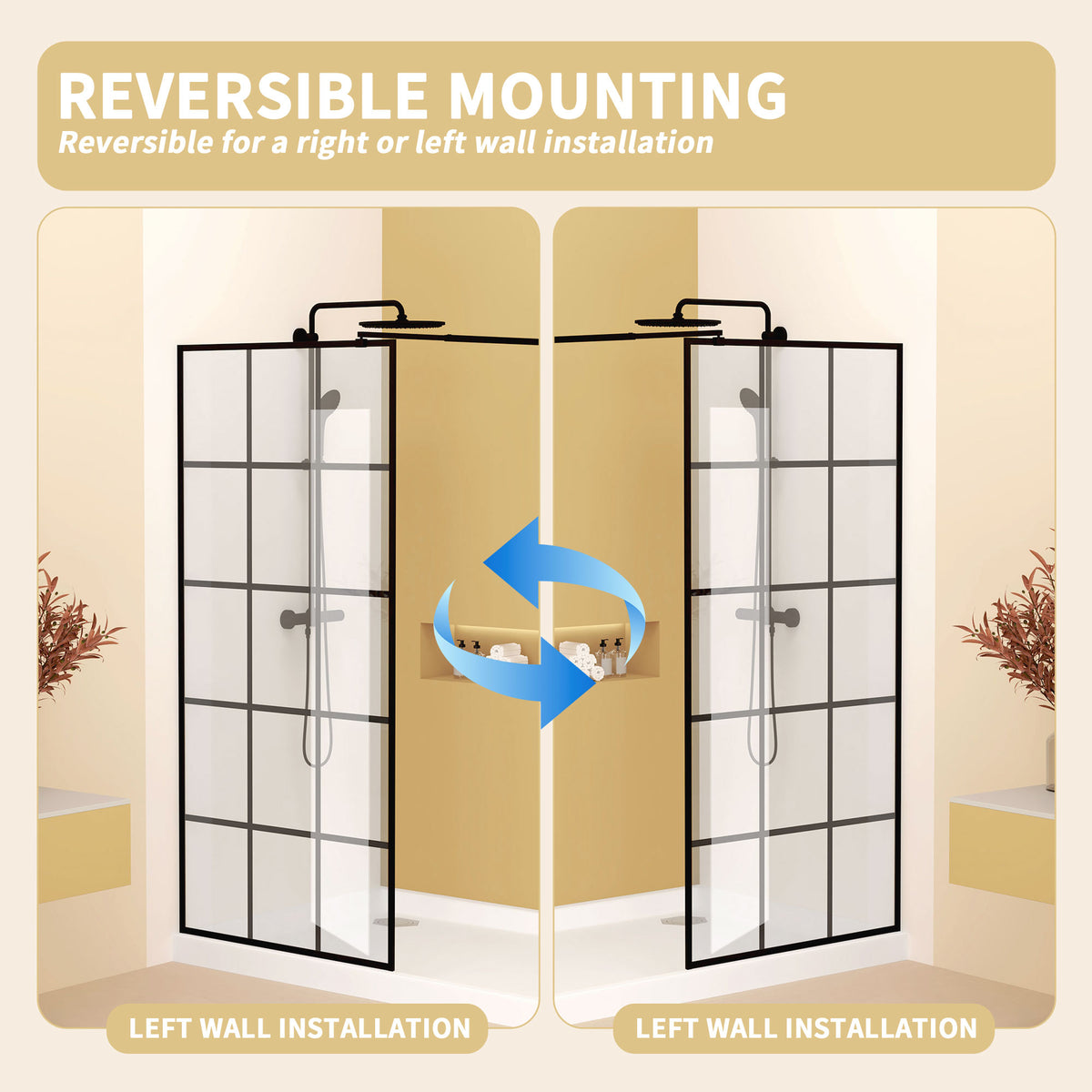 Framed Glass Shower Screen 34" Width x 72"Height with 1/4" 6mm Silk-printing Tempered Glass, Matte black aluminum and support bar, Shower door