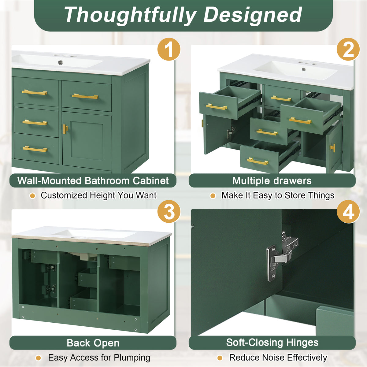 36'' Wall Mounted Bathroom Cabinet – French Style Bathroom Vanity with Glossy White Sink, Bathroom Cabinet with Multiple Drawers and Doors, Ample Storage