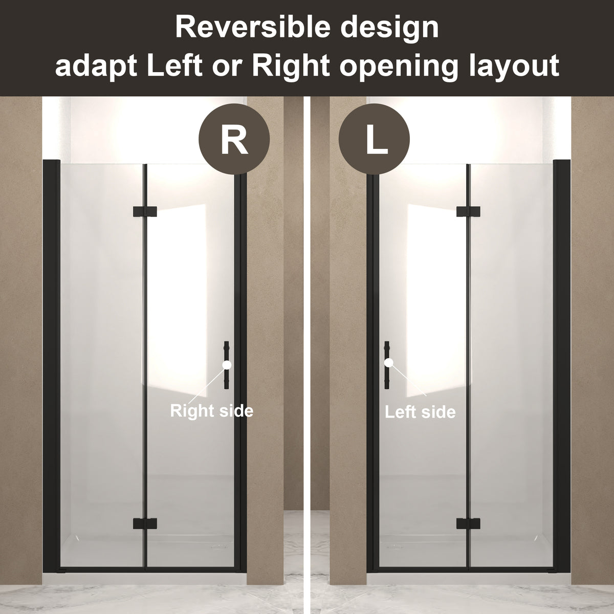 72" Bifold Shower Door, 1/4"(6mm) Tempered Glass, Matte Black Aluminum Frame, Explosion Proof Film