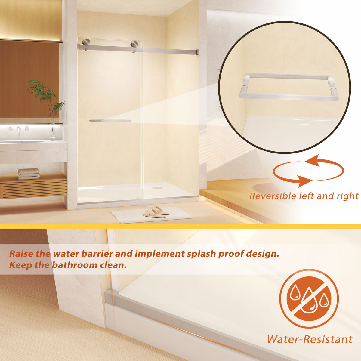 Frameless Double Sliding Shower Door , 5/16 "(8mm) Tempered Glass, Explosion Proof Film, Stainless Steel Handle, Square Tube Track, Brushed Nickel