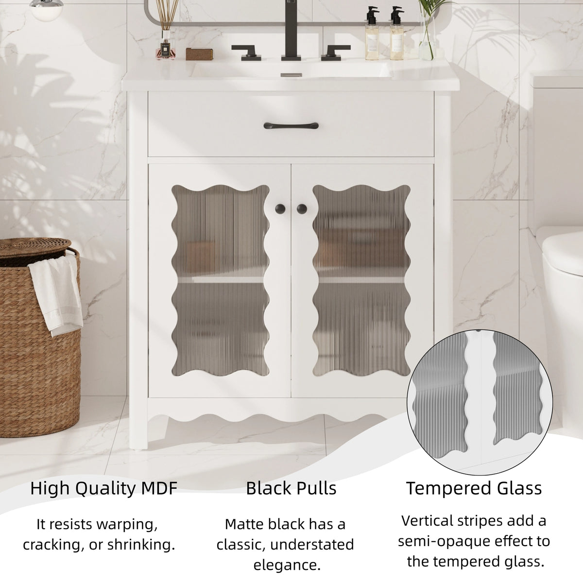 30 Inches Bathroom Vanity with Tempered Glass, Modern Bathroom Cabinet with Rubber Wood legs and Soft close Doors, White