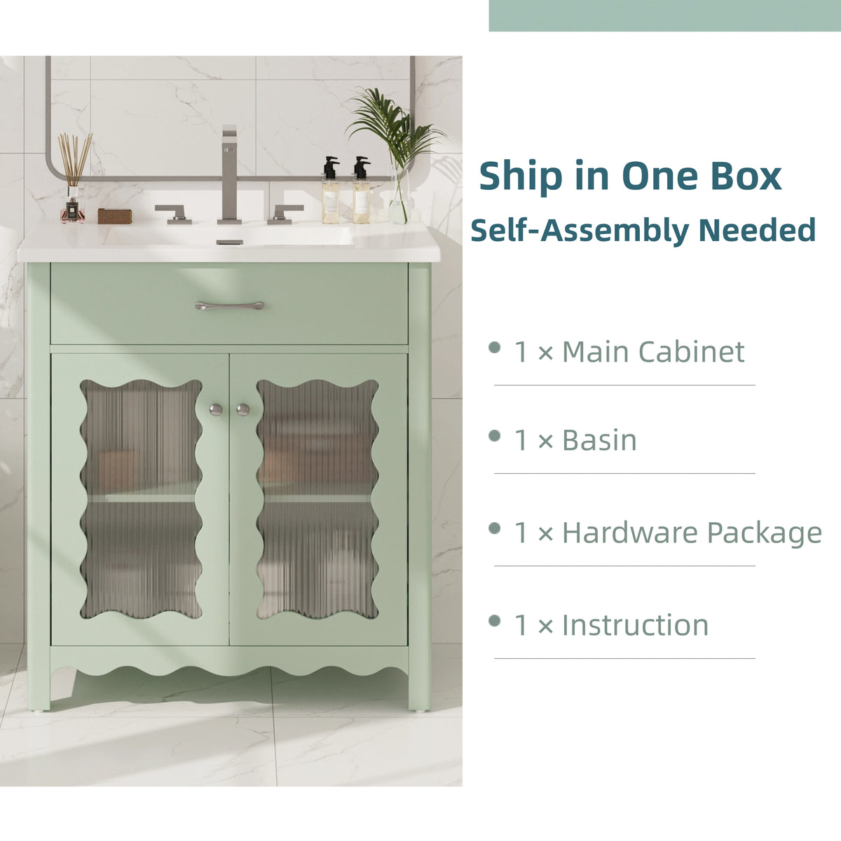 30 Inches Bathroom Vanity with Tempered Glass, Modern Bathroom Cabinet with Rubber Wood legs and Soft close Doors, Green
