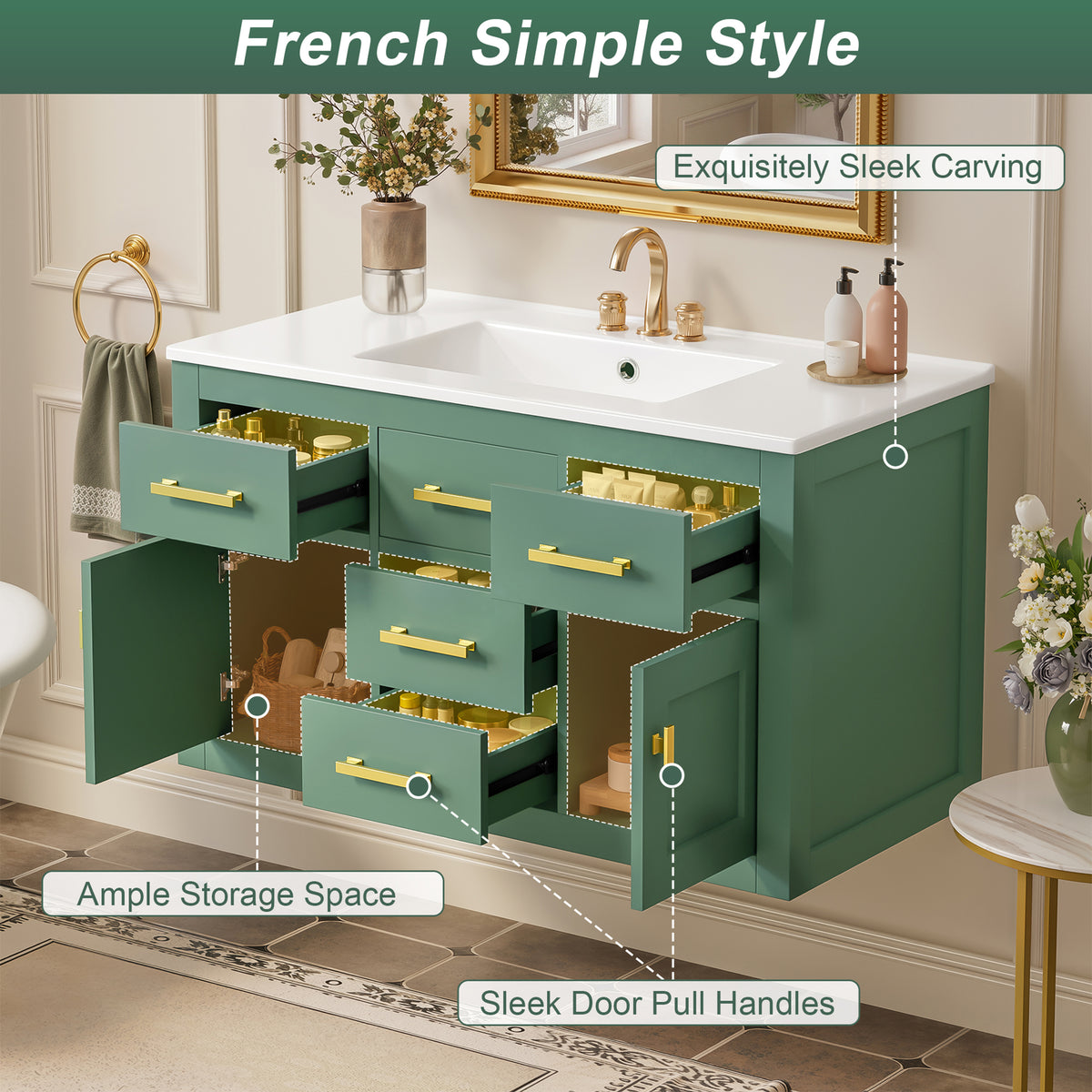 36'' Wall Mounted Bathroom Cabinet – French Style Bathroom Vanity with Glossy White Sink, Bathroom Cabinet with Multiple Drawers and Doors, Ample Storage