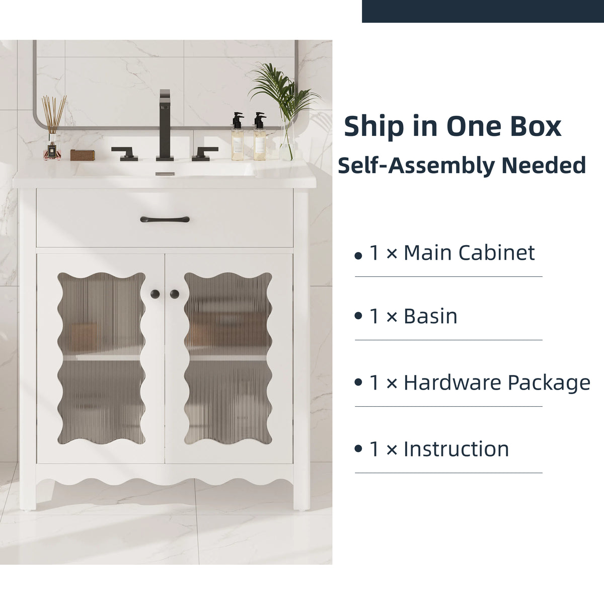 30 Inches Bathroom Vanity with Tempered Glass, Modern Bathroom Cabinet with Rubber Wood legs and Soft close Doors, White