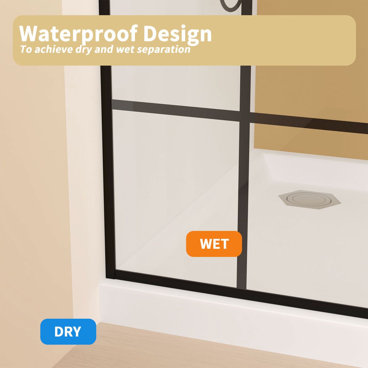 Framed Glass Shower Screen 34" Width x 72"Height with 1/4" 6mm Silk-printing Tempered Glass, Matte black aluminum and support bar, Shower door