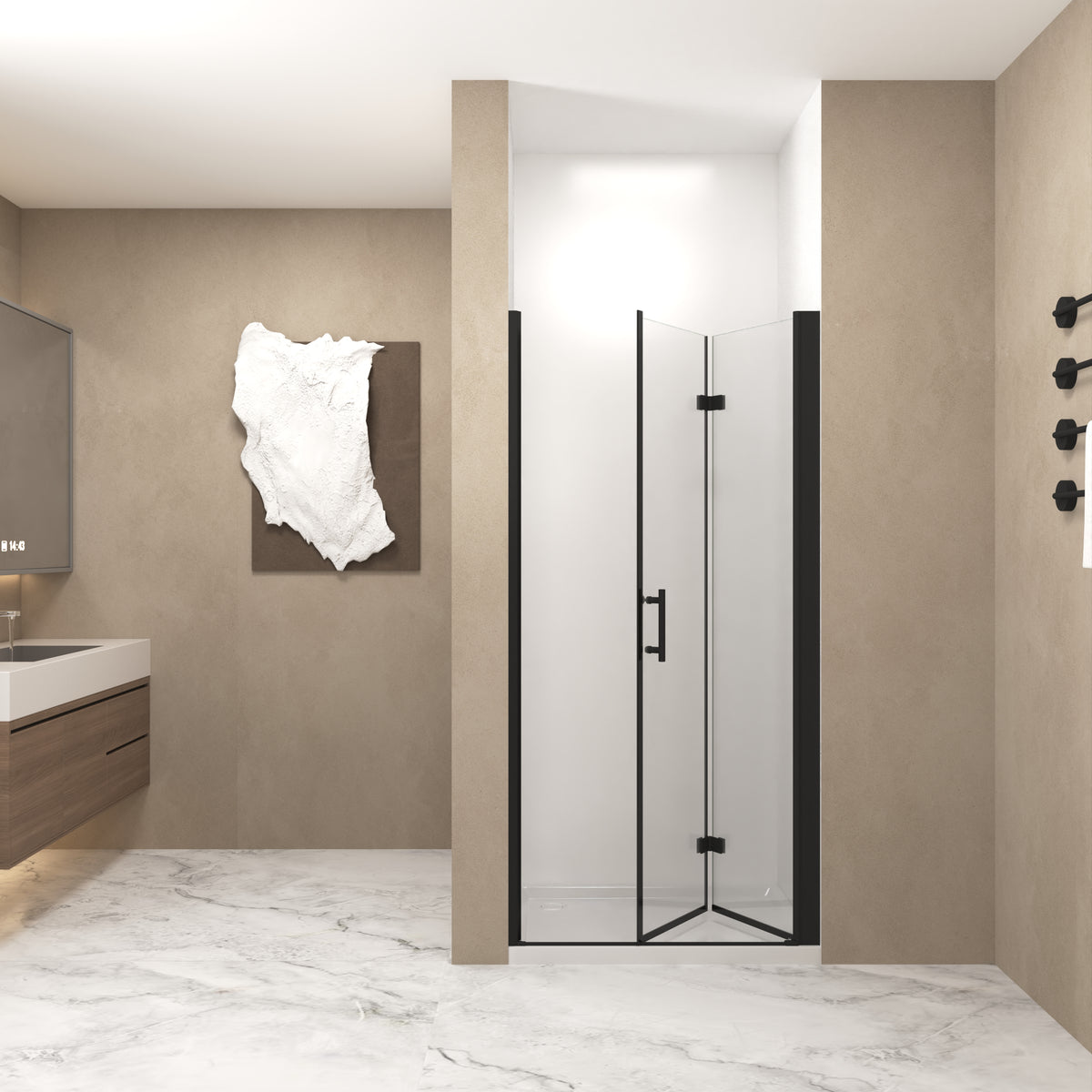 72" Bifold Shower Door, 1/4"(6mm) Tempered Glass, Matte Black Aluminum Frame, Explosion Proof Film