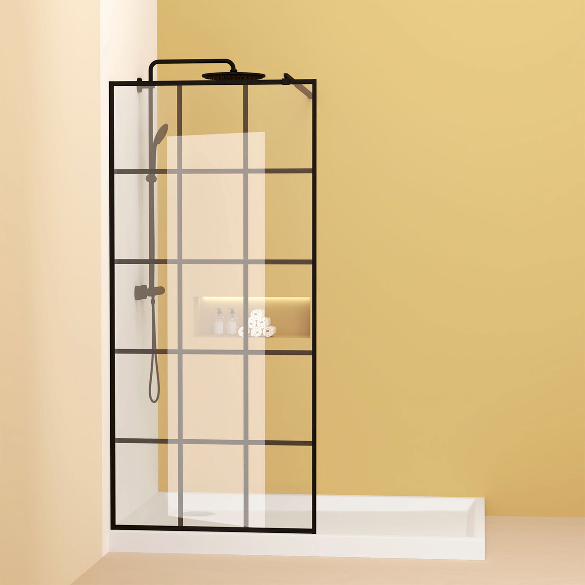Framed Glass Shower Screen 34" Width x 72"Height with 1/4" 6mm Silk-printing Tempered Glass, Matte black aluminum and support bar, Shower door