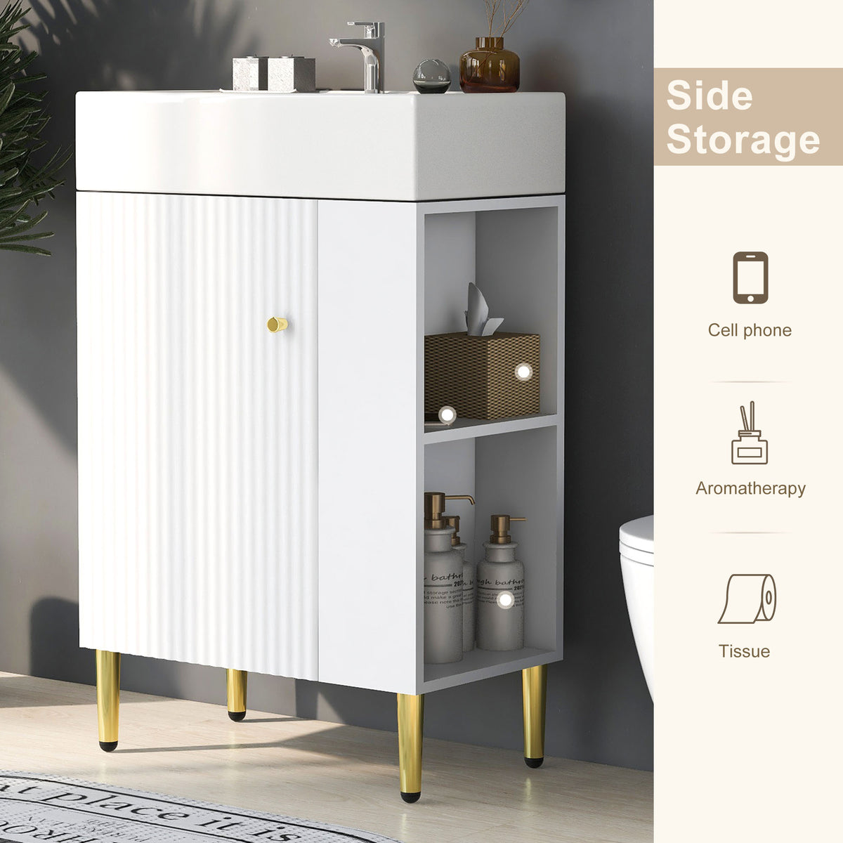 21.6" white Bathroom vanity, Combo Cabinet, Bathroom Storage Cabinet, Single Ceramic Sink