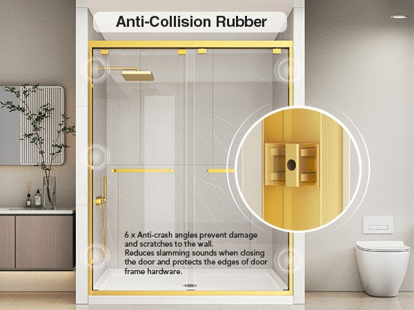 Brushed Gold Double Sliding Shower Door, Semi-Frameless, 55–60 in. W x 76 in. H, Model S0102