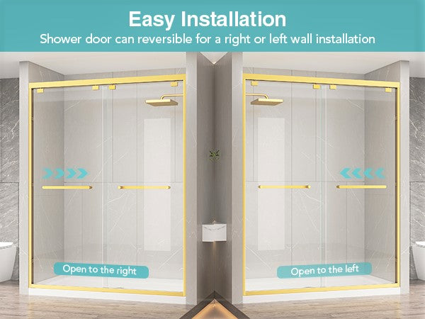 Brushed Gold Double Sliding Shower Door, Semi-Frameless, 55–60 in. W x 76 in. H, Model S0102