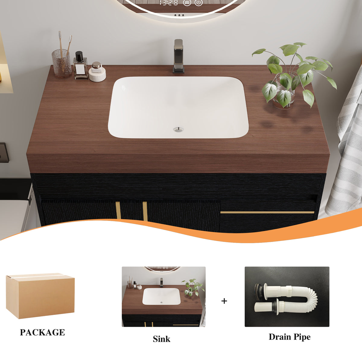 36" Floating Bathroom Vanity with Ceramic Sink and Faux Marble Top