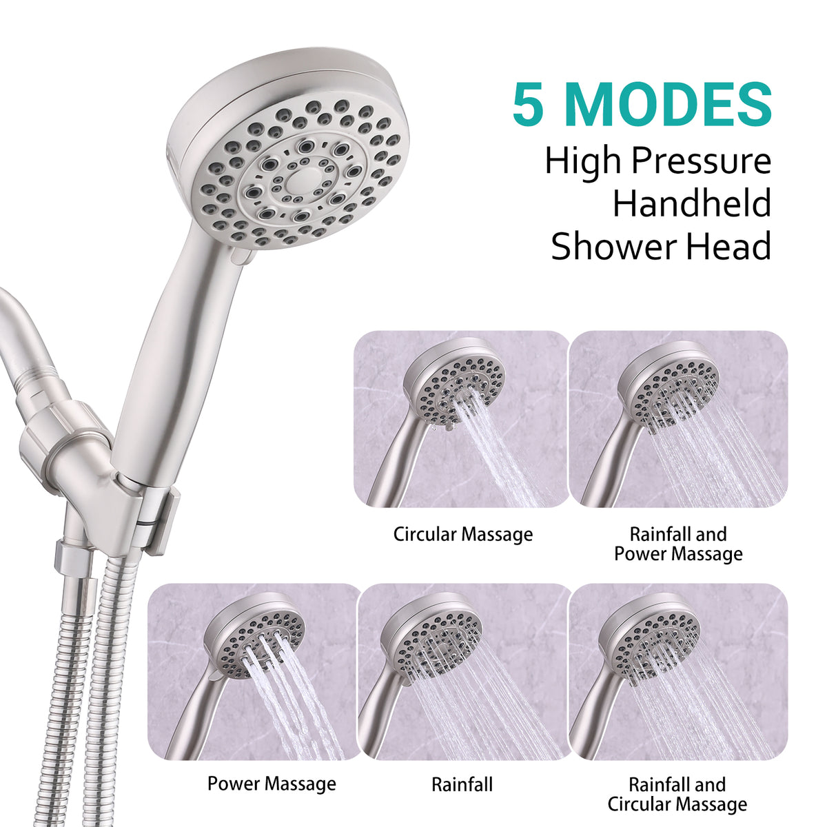 5 Mode Adjustable Settings Handheld Shower Head with Hose High Pressure Shower Heads
