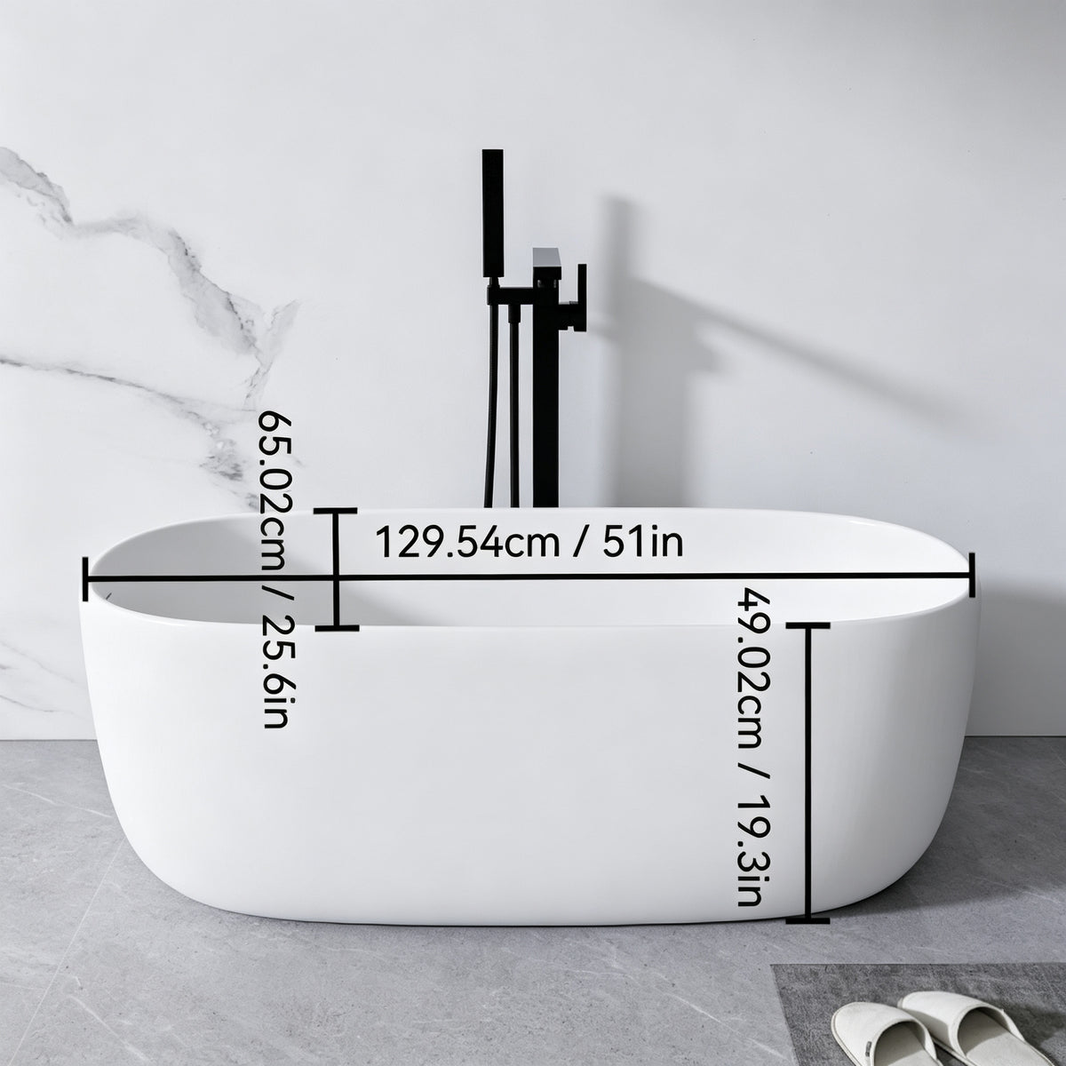 51'' Freestanding Bathtub Resin Stone Soaking Bathtub Solid Surface Modern Tubs with Overflow and Pop-up Drain in White/2130380