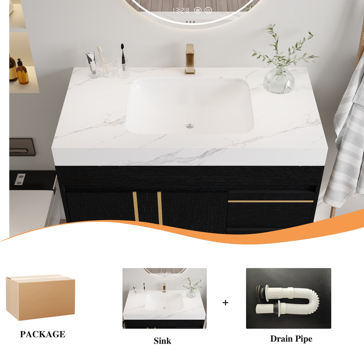 36" Floating Bathroom Vanity with Ceramic Sink and Faux Marble Top