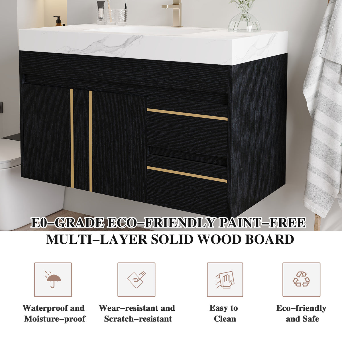 36" Floating Bathroom Vanity with Ceramic Sink and Faux Marble Top