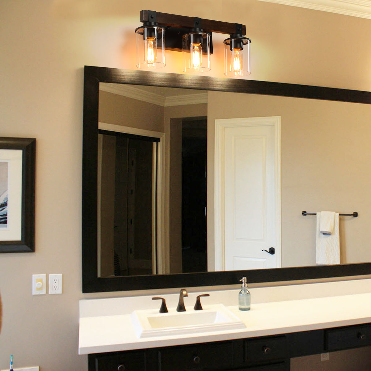 19" Rustic 3-Light Vanity Light, Industrial Bathroom Wall Sconce with Glass Shades and Wood Accent, Modern Farmhouse Lighting Fixture (No Bulbs)