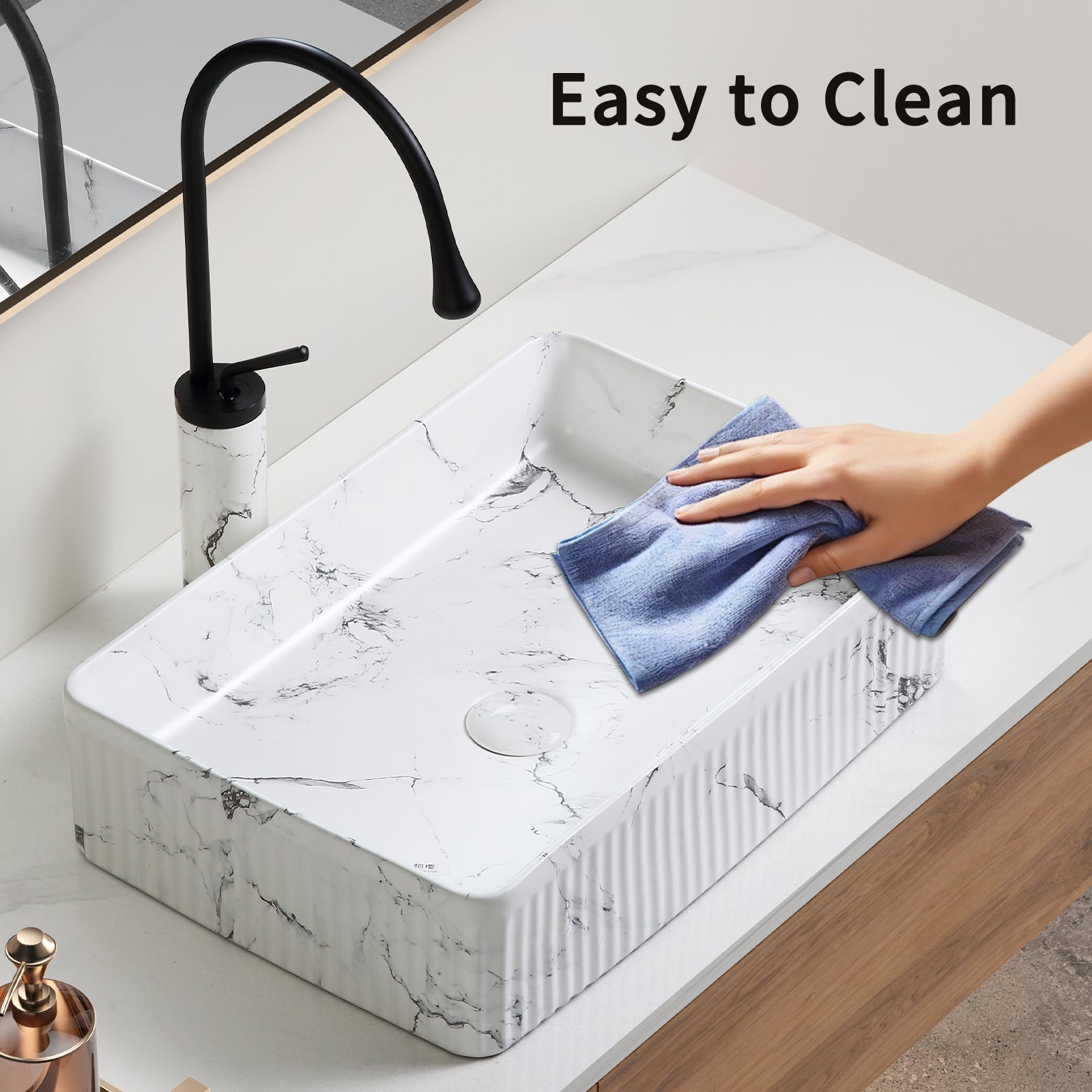 KPUY 20" x 13.5" Vessel Sink Set with Art Faucet | Black & White Marble Ceramic