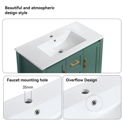 36"Green Bathroom Vanity with Single Sink, Combo Cabinet Undermount Sink, Bathroom Storage Cabinet with 2 Doors and 2 Drawer, Soft Closing, Multifunctional Storage