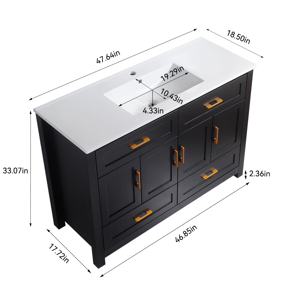 48" Black Bathroom Vanity with Ceramic Sink Combo, Abundant Storage Cabinet -4 Soft close doors and 4 drawers