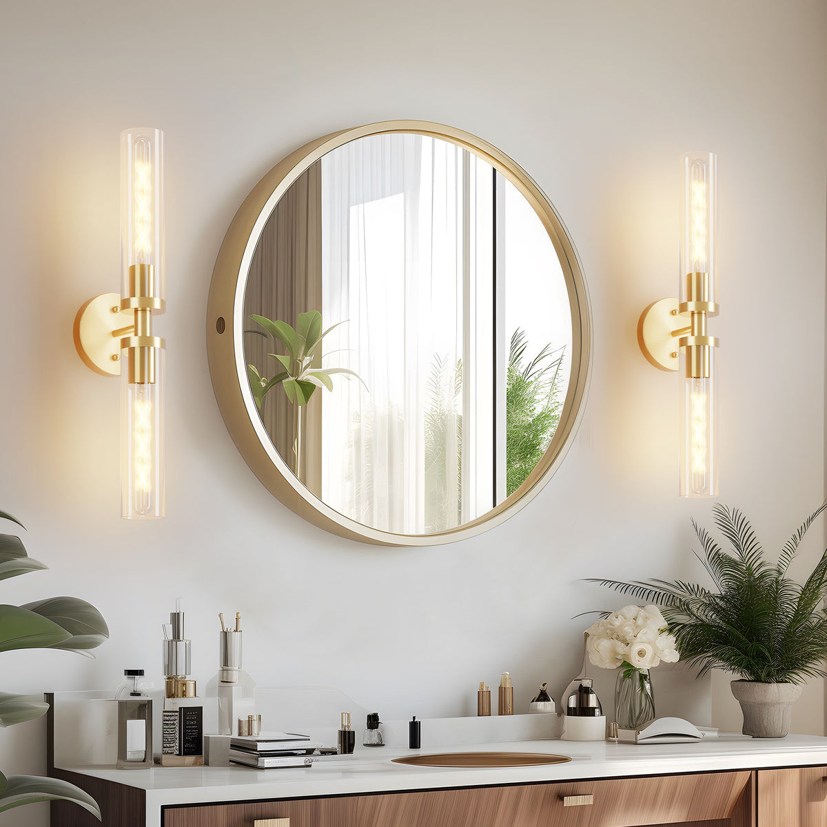 Wall Sconces Set of Two, Hardwired Gold Bathroom Sconces Wall Lighting with Clear Glass, Modern Sconces Wall Decor Set of 2 Wall Light fixtures for Bathroom Mirror Hallway (Bulbs Not Included)
