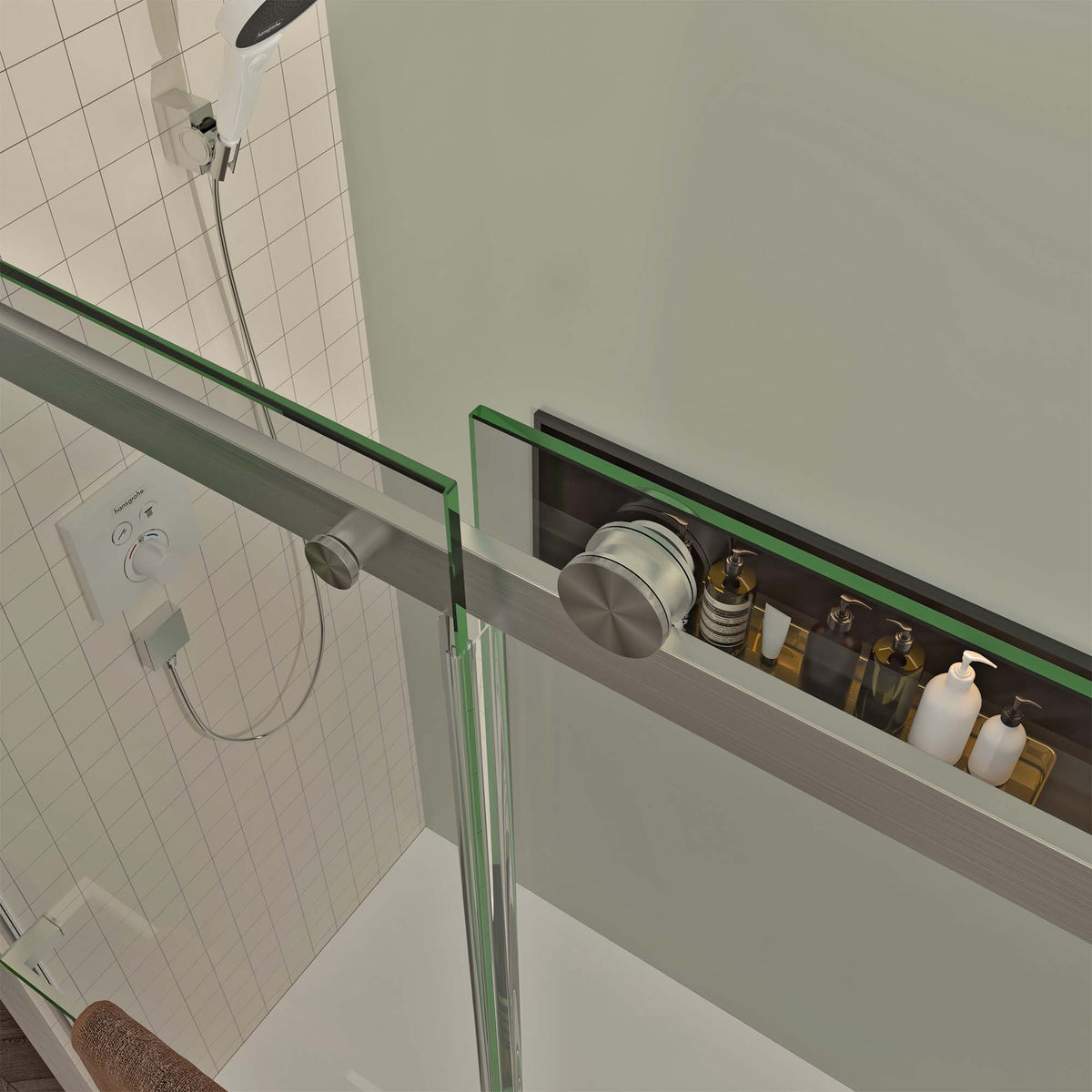 S-RM6076TN 56-60"W x 76"H Sliding Shower Door, Frameless Glass Shower Door with Brushed Nickel Hardware, Towel Bar and Handle