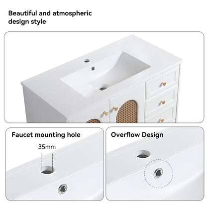 36" Bathroom Vanity with Ceramic Basin, Rattan Bathroom Storage Cabinet with Two Doors and Drawer