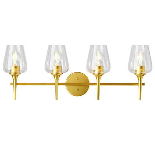 Modern Gold Vanity Lighting Fixture, 4 Light Over Mirror, Wall Lamp with Clear Glass for Bathroom, Hallway, Bedroom with E26 Socket