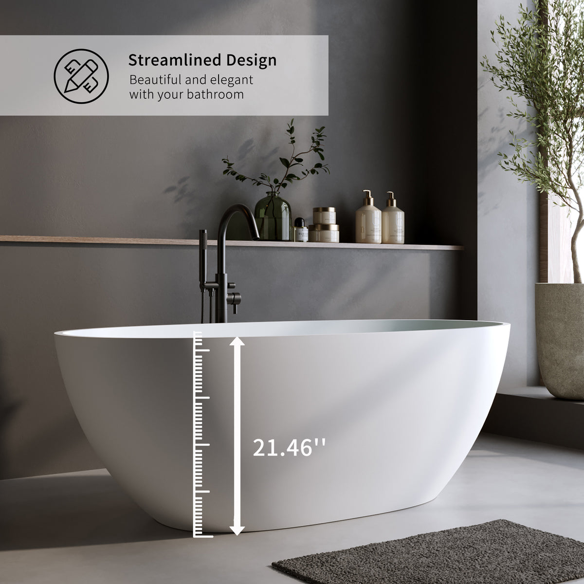 Solid Surface Matte Tub, Solid Surface Soaking Tub, Stone Resin Freestanding Bathtub, Thick Edge Stand Alone Tubs with Overflow, Pop-up Drain, Matte White