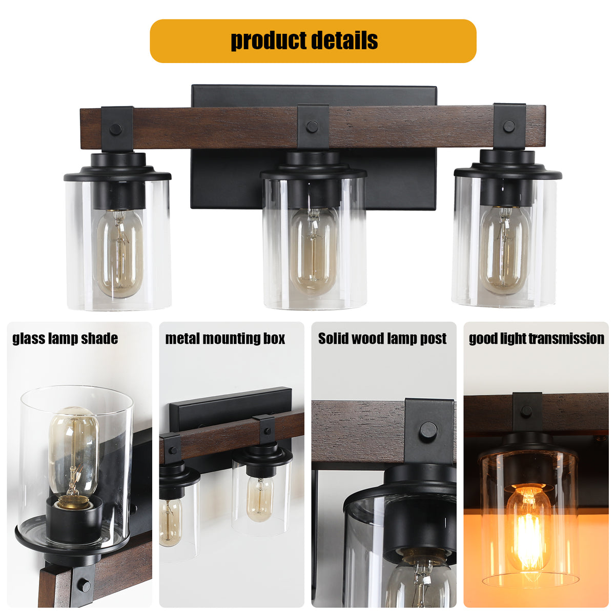 19" Rustic 3-Light Vanity Light, Industrial Bathroom Wall Sconce with Glass Shades and Wood Accent, Modern Farmhouse Lighting Fixture (No Bulbs)