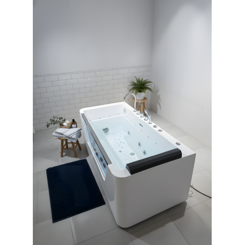 KPUY 67 Inch Whirlpool Bathtub with Glass Panel | 7 Hydro-Massage Jets & LED Lights