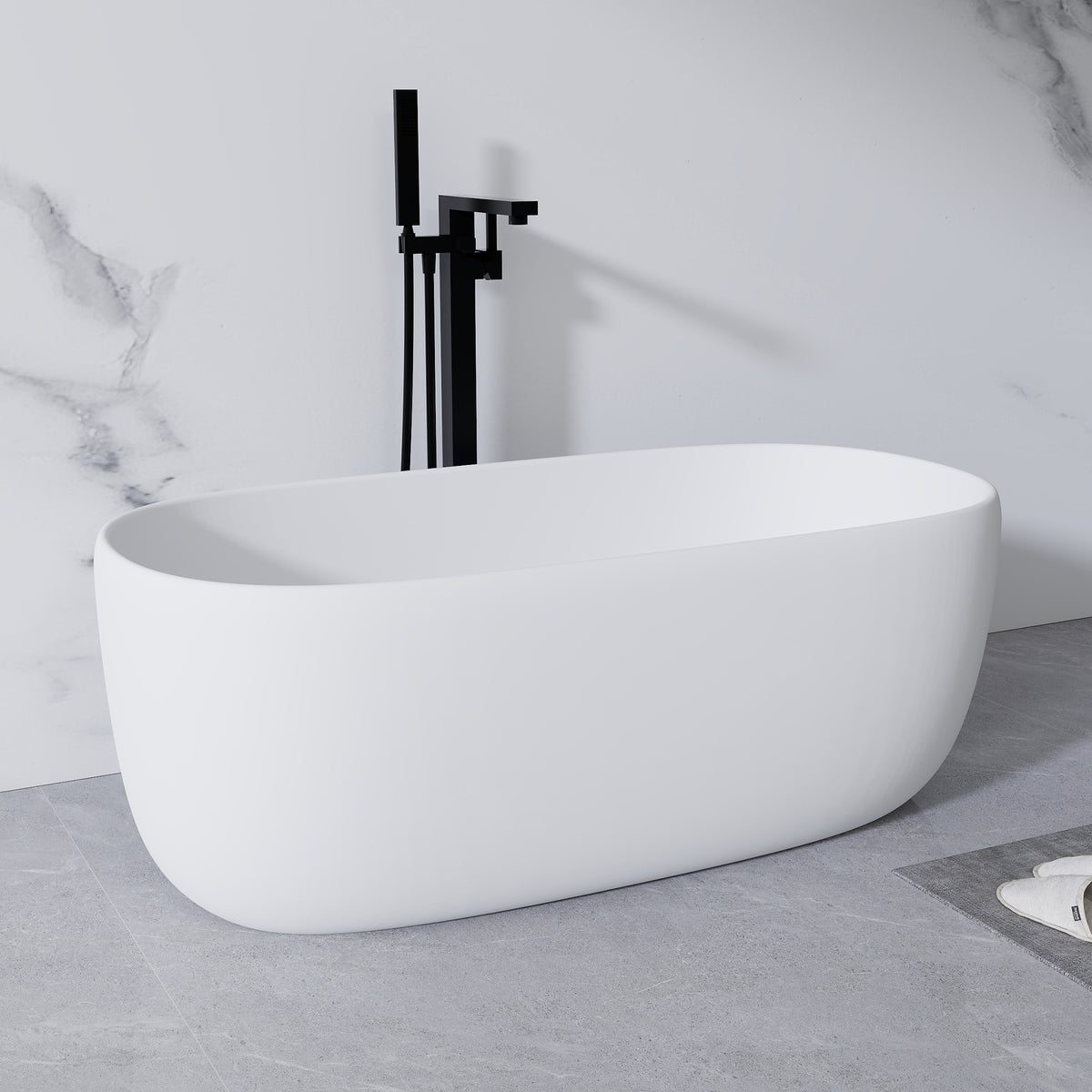 51'' Freestanding Bathtub Resin Stone Soaking Bathtub Solid Surface Modern Tubs with Overflow and Pop-up Drain in White/2130380