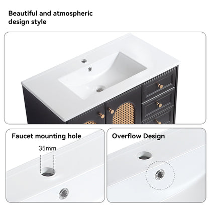 36" Bathroom Vanity with Ceramic Basin, Rattan Bathroom Storage Cabinet with Two Doors and Drawer