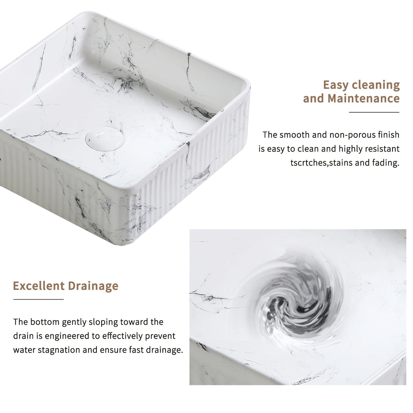 KPUY 15" Fluted Soft Square Vessel Sink Set with Black Faucet | Black & White Marble