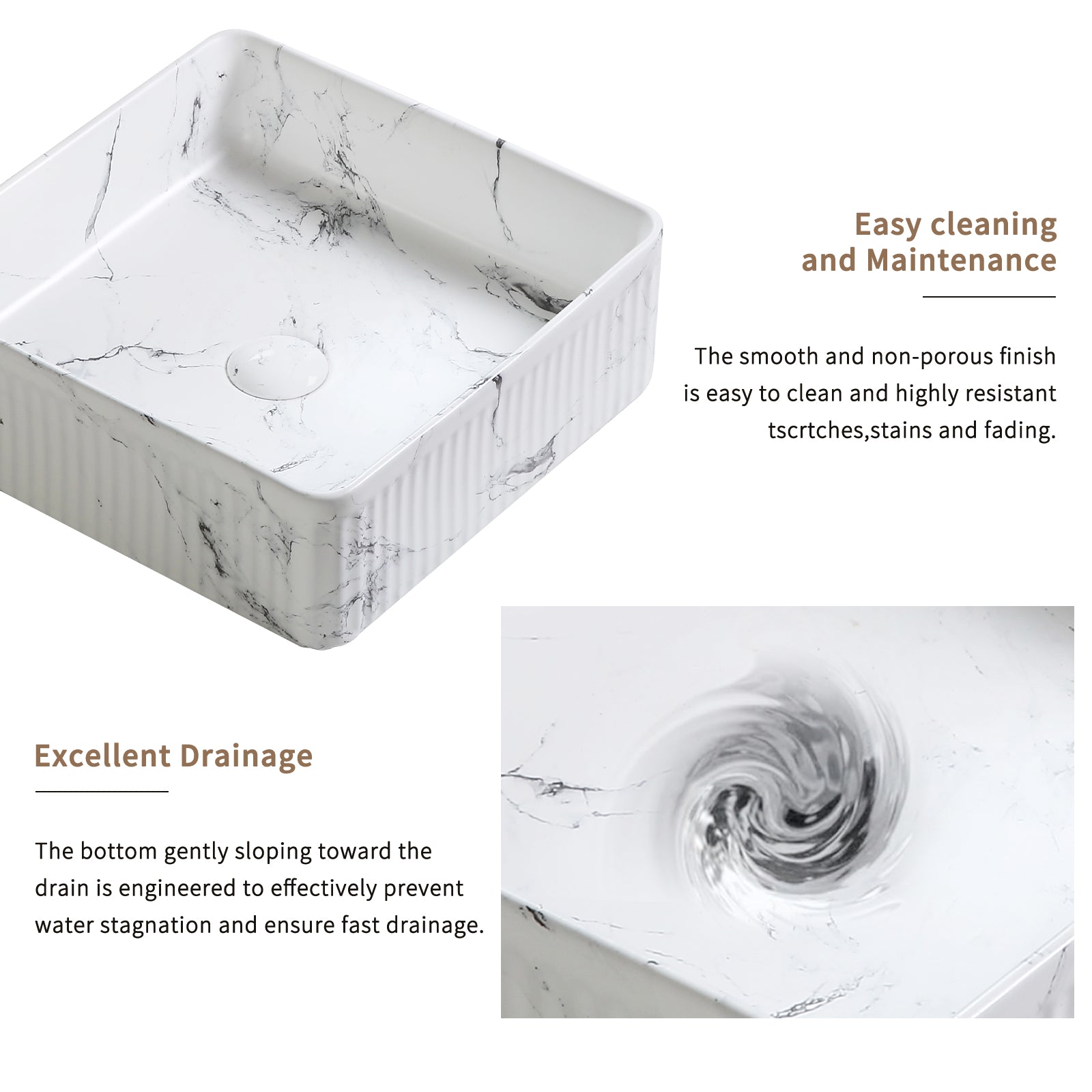 KPUY 15" Fluted Soft Square Vessel Sink Set with Black Faucet | Black & White Marble