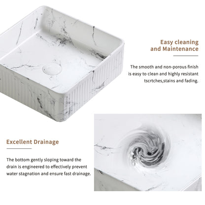 KPUY 15" Fluted Soft Square Vessel Sink Set with Black Faucet | Black & White Marble