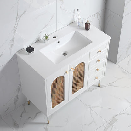 36" Bathroom Vanity with Ceramic Basin, Rattan Bathroom Storage Cabinet with Two Doors and Drawer