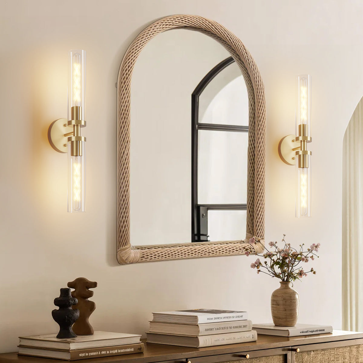 Wall Sconces Set of Two, Hardwired Gold Bathroom Sconces Wall Lighting with Clear Glass, Modern Sconces Wall Decor Set of 2 Wall Light fixtures for Bathroom Mirror Hallway (Bulbs Not Included)