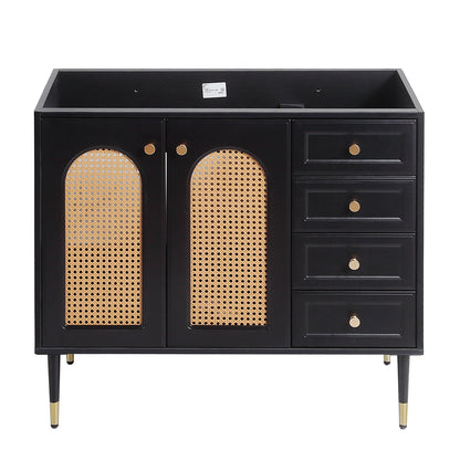 36" Bathroom Vanity with Ceramic Basin, Rattan Bathroom Storage Cabinet with Two Doors and Drawer