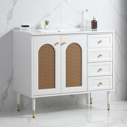 36" Bathroom Vanity with Ceramic Basin, Rattan Bathroom Storage Cabinet with Two Doors and Drawer