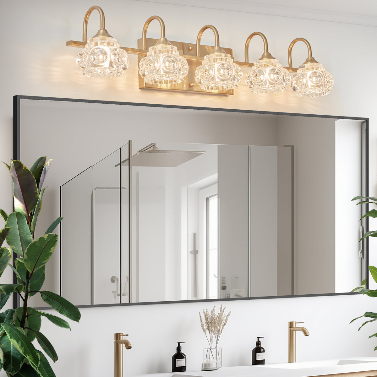 29" Modern Crystal Bathroom Vanity Light, 5-Light Golden Wall Sconce with Clear Glass Shade, Elegant Wall Mount Lighting for Bathroom, Powder Room, or Vanity Mirror (No Bulbs)