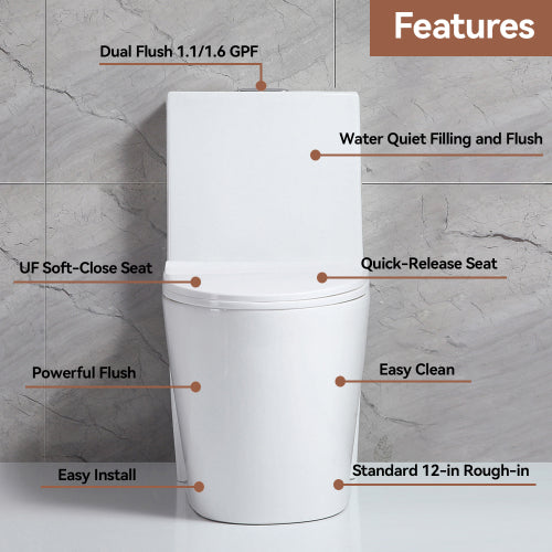 Small Compact One Piece Toilet - Modern White Dual Flush Commode-KPUY
