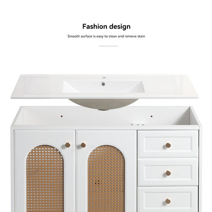 36" Bathroom Vanity with Ceramic Basin, Rattan Bathroom Storage Cabinet with Two Doors and Drawer