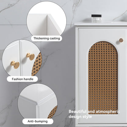 36" Bathroom Vanity with Ceramic Basin, Rattan Bathroom Storage Cabinet with Two Doors and Drawer