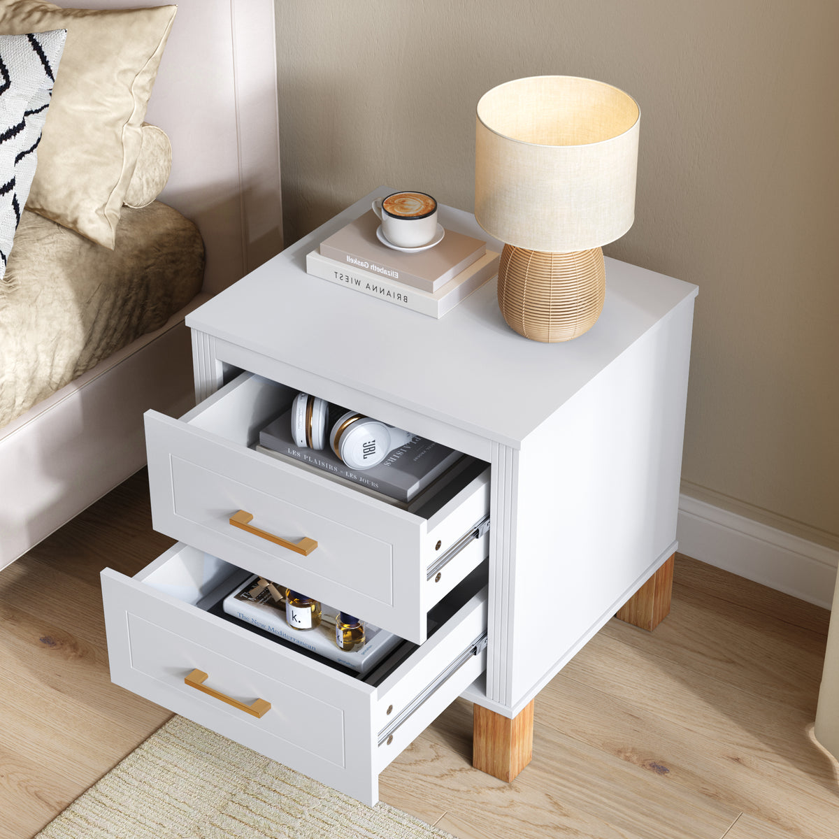 KPUY&HOME Fluted 2-Drawer Nightstand with Solid Wood Legs & Metal Handles, Tall Bedside Table with Storage, White